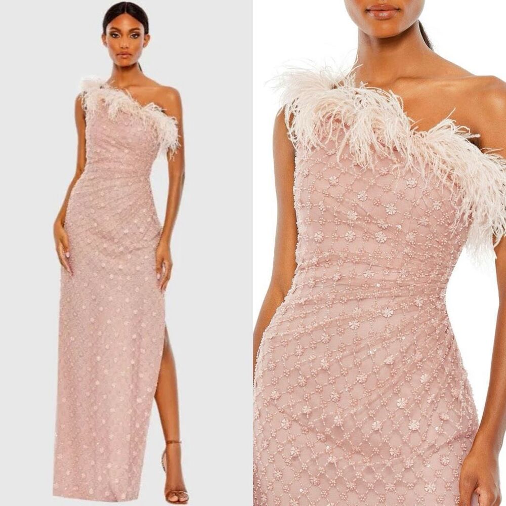 Mac Duggal Ostrich Feather-Trimmed One-Shoulder Embellished Gown Rose Sz 10 $698